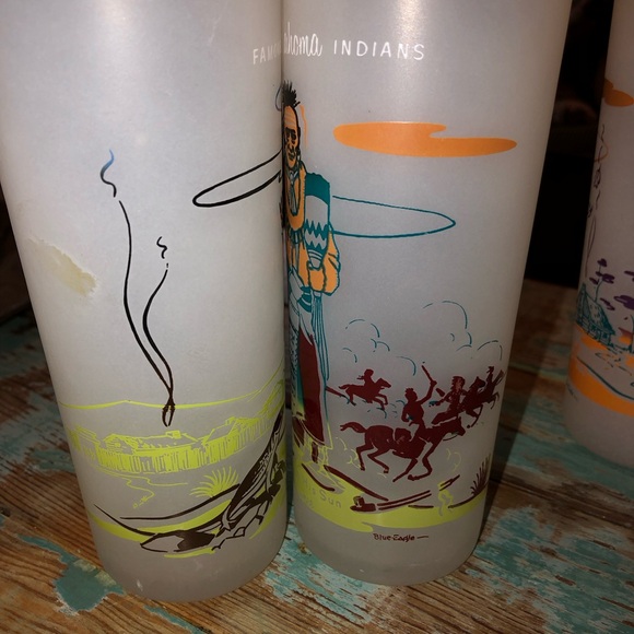 Vtg Set Of 8 Vintage Frosted Glasses Oklahoma Native Americans 1959 Knox Oil - Picture 11 of 14